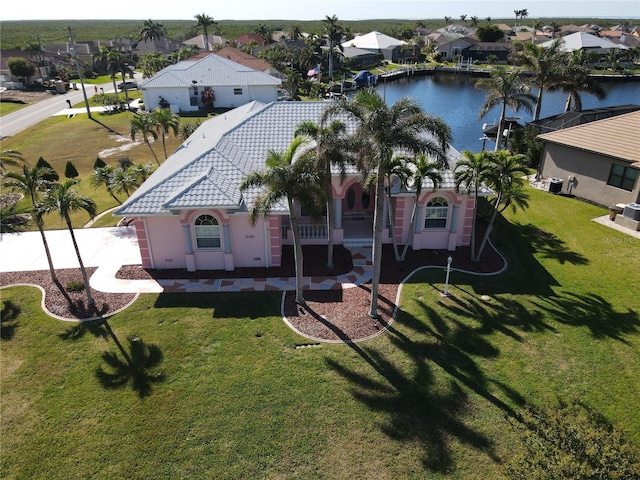 aerial view featuring a water view