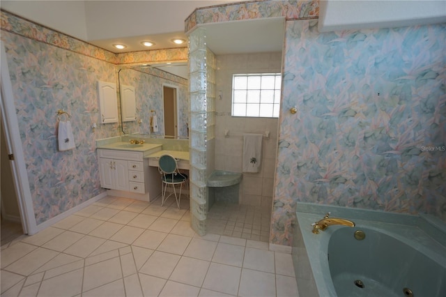 bathroom featuring tile patterned floors, separate shower and tub, and vanity