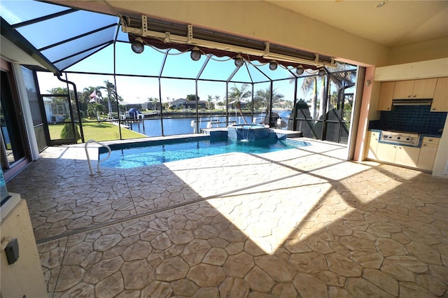 view of swimming pool featuring a water view, a lanai, an in ground hot tub, area for grilling, and a patio area