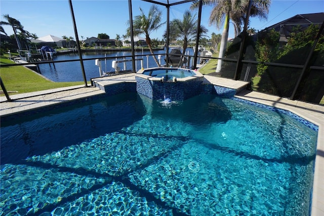 view of swimming pool featuring glass enclosure, an in ground hot tub, and a water view