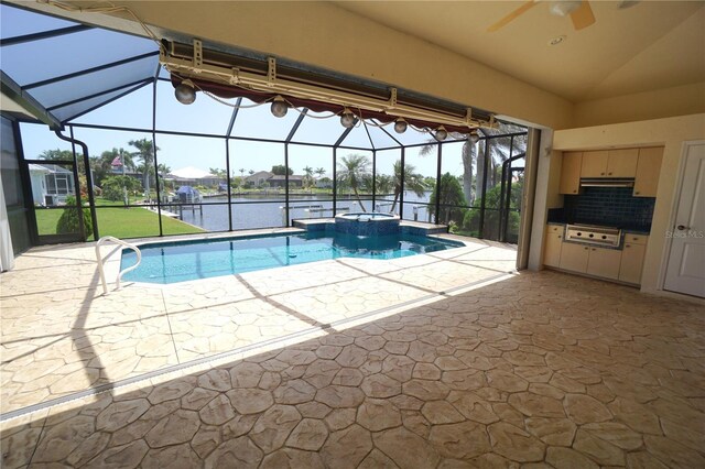 649 Maltese Dr, Punta Gorda, FL 33950 - view of pool featuring area for grilling, a patio area, a lanai, a ceiling fan, and a water view
