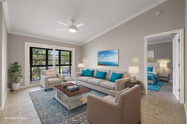 living room with crown molding, light tile patterned flooring, high vaulted ceiling, and ceiling fan