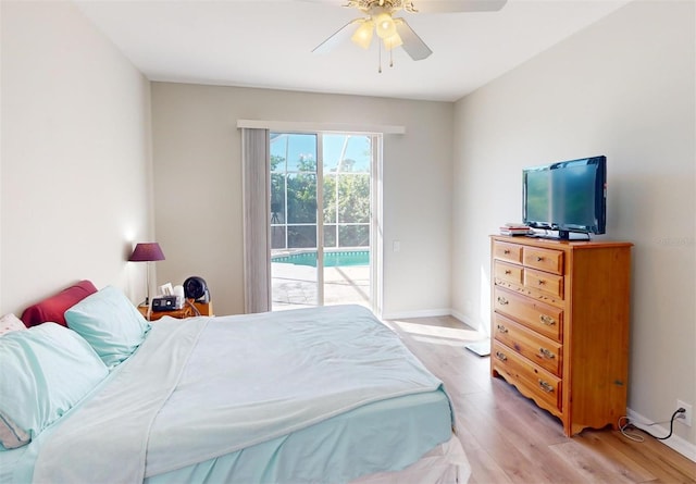 bedroom with access to outside, ceiling fan, and light wood-type flooring