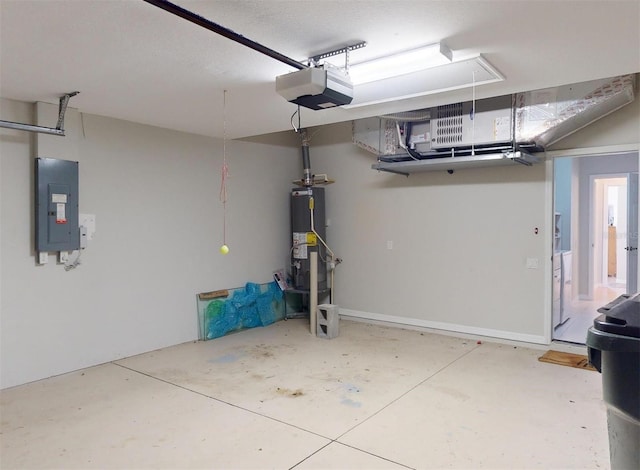 garage with gas water heater, a garage door opener, and electric panel