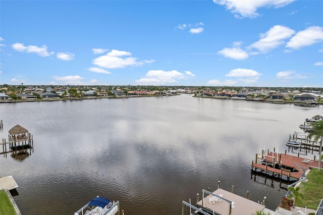 view of water feature with a boat dock