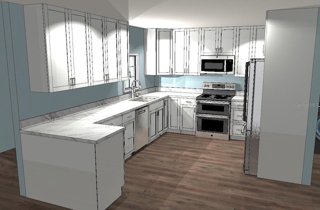 kitchen featuring gray cabinets, sink, stainless steel appliances, and dark wood-type flooring