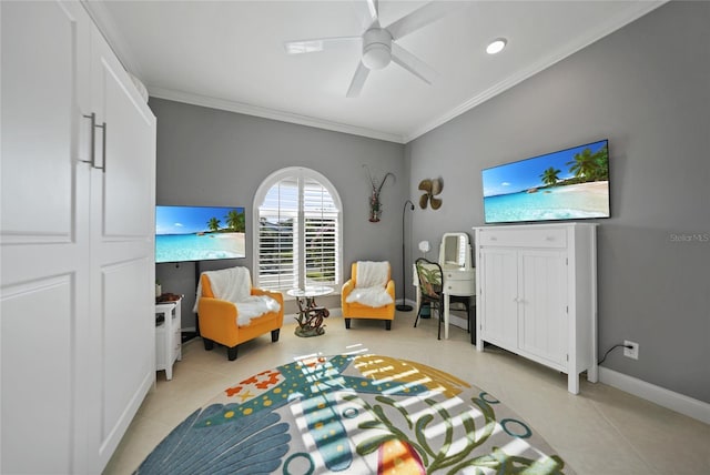 bedroom with ceiling fan, light tile patterned floors, and crown molding