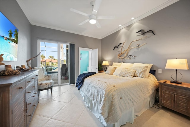 tiled bedroom featuring access to outside, ceiling fan, and ornamental molding