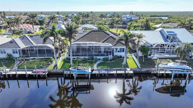 bird's eye view with a water view