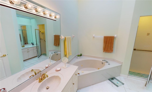 bathroom with tile patterned floors, vanity, and plus walk in shower