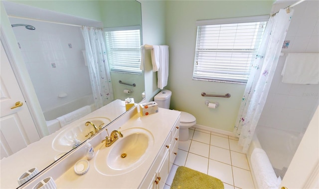 full bathroom featuring tile patterned flooring, vanity, shower / bath combo, and toilet