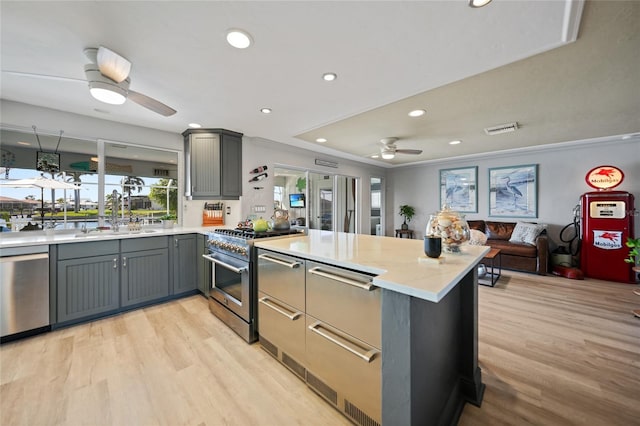 kitchen with gray cabinetry, light hardwood / wood-style flooring, ceiling fan, kitchen peninsula, and stainless steel appliances