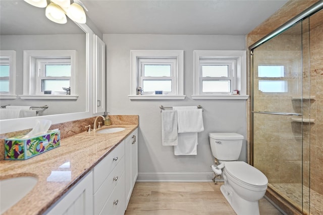 bathroom with vanity, toilet, wood-type flooring, and a shower with door