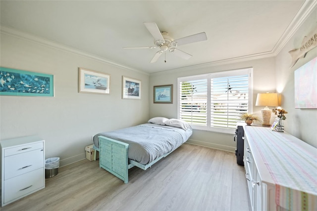 bedroom with ceiling fan, light wood-type flooring, and ornamental molding