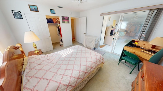 carpeted bedroom with a walk in closet and a closet