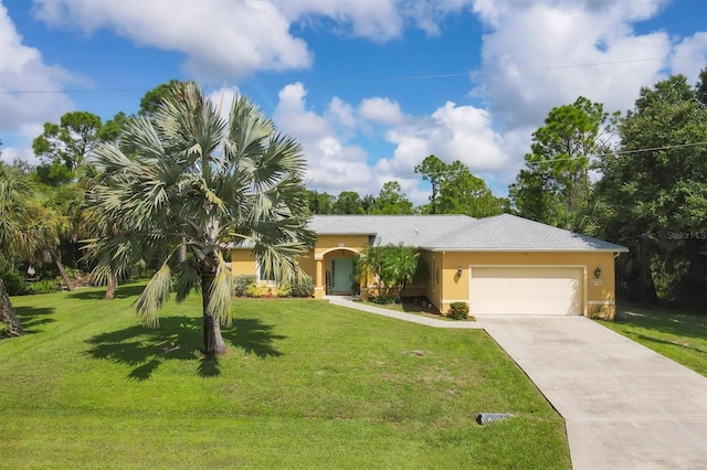 view of front of house with a garage and a front lawn