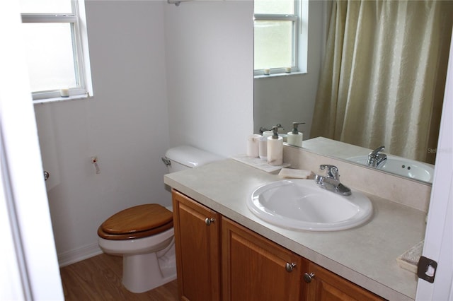 bathroom featuring hardwood / wood-style flooring, vanity, toilet, and a wealth of natural light