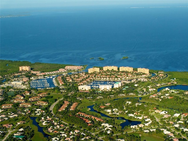 drone / aerial view featuring a water view