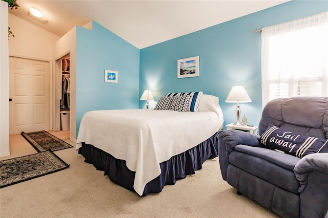 carpeted bedroom featuring a spacious closet, a closet, and lofted ceiling