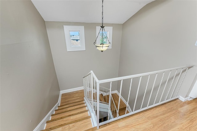 stairs featuring hardwood / wood-style floors