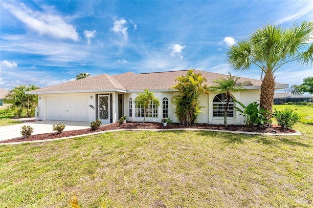 single story home featuring a garage and a front lawn