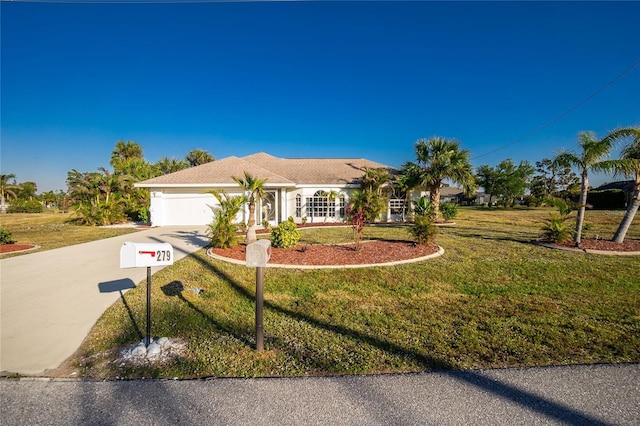 view of front of property featuring a garage and a front lawn