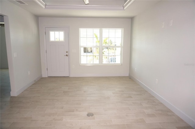 entrance foyer with a raised ceiling and light hardwood / wood-style flooring