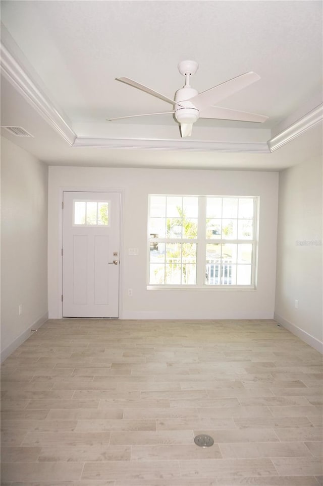 foyer featuring a raised ceiling, ceiling fan, light hardwood / wood-style flooring, and a healthy amount of sunlight