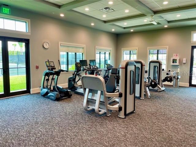 exercise room with french doors, a towering ceiling, and carpet flooring