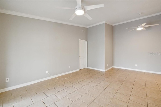 tiled spare room with crown molding and ceiling fan