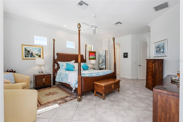 bedroom featuring ceiling fan, light tile patterned flooring, and ornamental molding