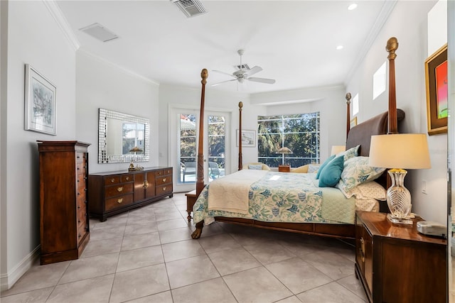 tiled bedroom with access to exterior, ceiling fan, and crown molding