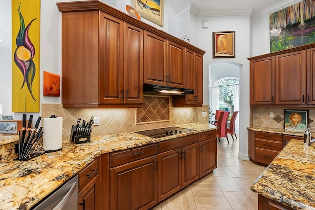 kitchen with light tile patterned floors, tasteful backsplash, black electric stovetop, and ornamental molding