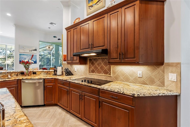 kitchen featuring decorative backsplash, black electric stovetop, stainless steel dishwasher, light stone counters, and ornamental molding