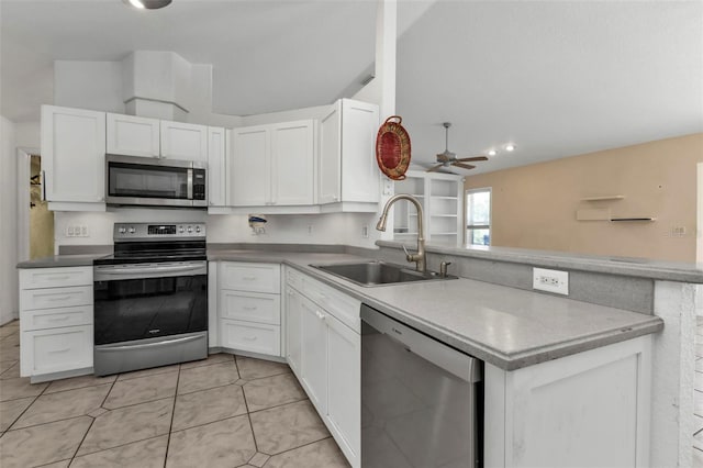 kitchen featuring white cabinetry, sink, ceiling fan, stainless steel appliances, and kitchen peninsula