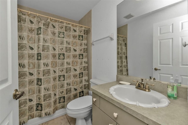 bathroom with tile patterned flooring, vanity, toilet, and a shower with shower curtain