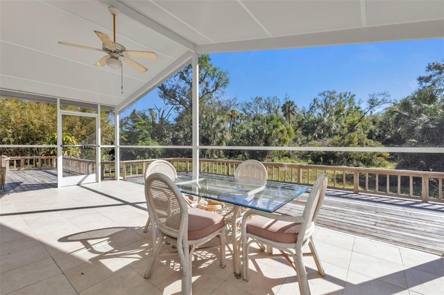 sunroom / solarium featuring ceiling fan and vaulted ceiling