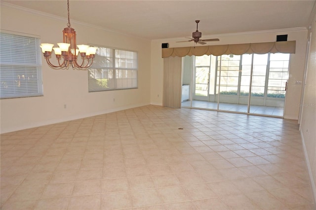 tiled spare room featuring ceiling fan with notable chandelier and ornamental molding