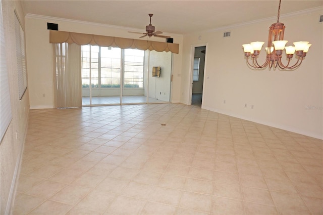 unfurnished room featuring ceiling fan with notable chandelier, ornamental molding, and light tile patterned floors