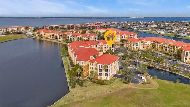 aerial view featuring a water view