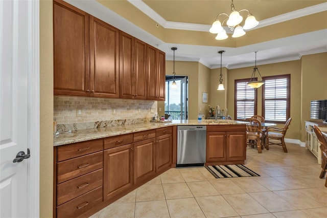 kitchen with stainless steel dishwasher, ornamental molding, decorative light fixtures, light tile patterned flooring, and kitchen peninsula