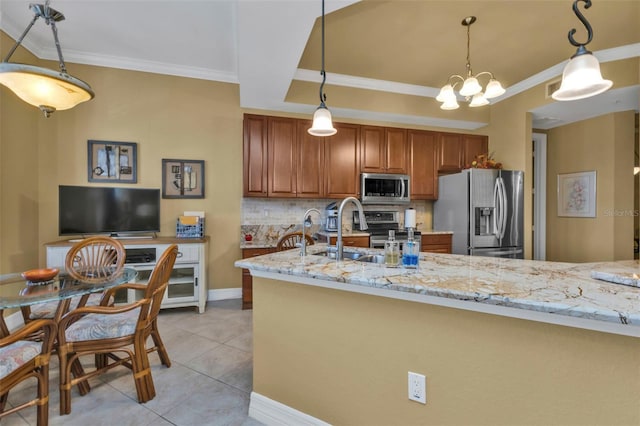 kitchen with backsplash, sink, light tile patterned floors, appliances with stainless steel finishes, and light stone counters