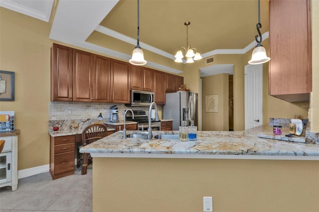 kitchen featuring kitchen peninsula, appliances with stainless steel finishes, light tile patterned floors, and light stone counters