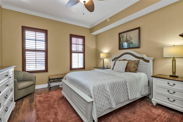 bedroom featuring ceiling fan, crown molding, and dark wood-type flooring