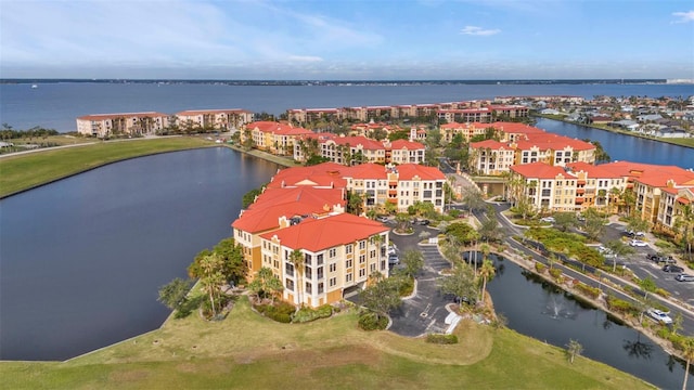 drone / aerial view with a water view