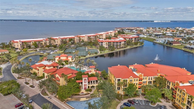 drone / aerial view with a water view