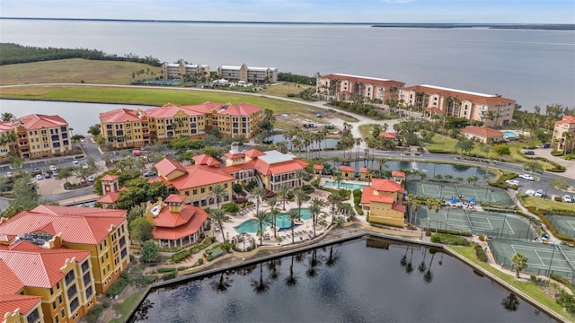 bird's eye view with a water view