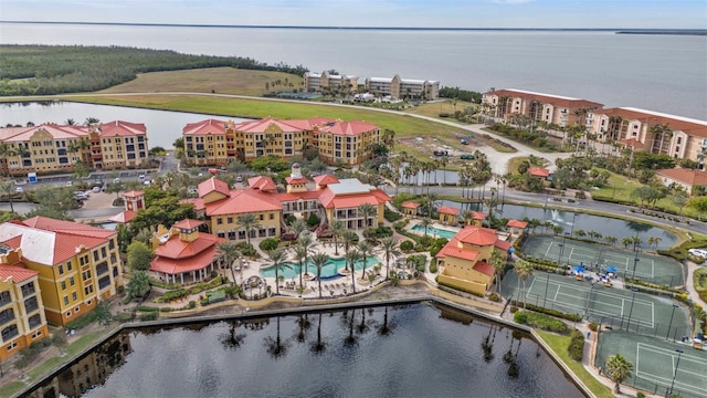 aerial view featuring a water view