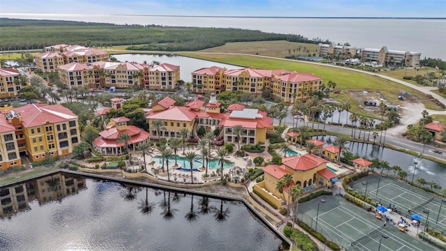 aerial view featuring a water view