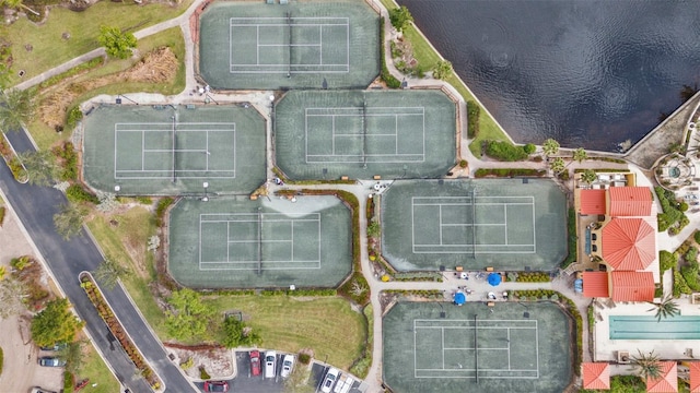 drone / aerial view with a water view